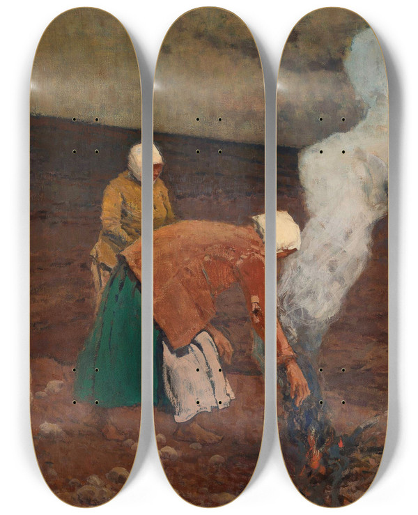Triptych art skateboard deck of Wadysaw Wankie Harvesting Potatoes by Wadysaw Wankie (1860-1925)