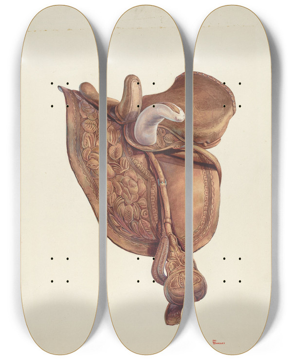 Triptych art skateboard deck of Hal Blakeley Saddle by Hal Blakeley