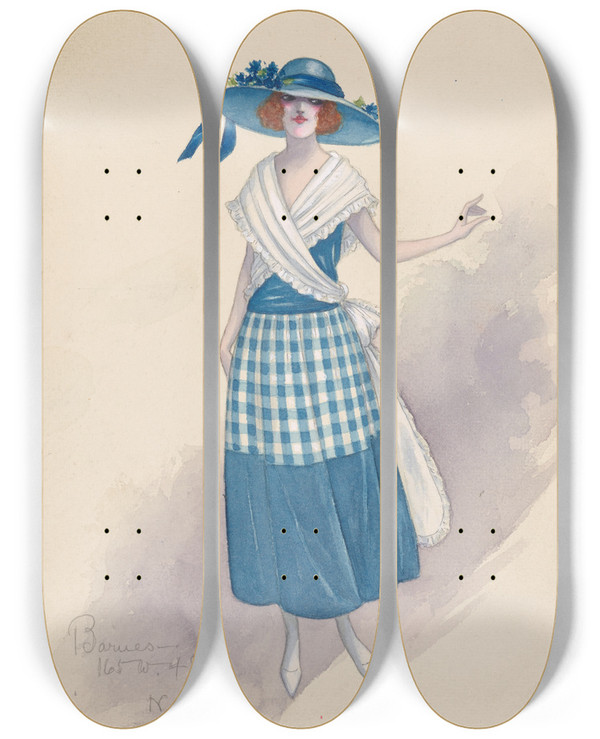 Triptych art skateboard deck of Will R Barnes Gingham Girl 2 by Will R Barnes (1939)