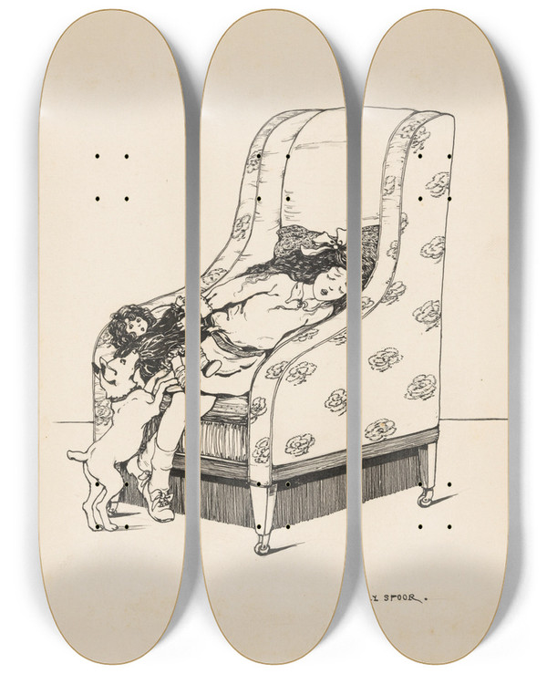 Triptych art skateboard deck of Nelly Spoor Slapend Meisje In Een Stoel by Nelly Spoor (1885-1950)
