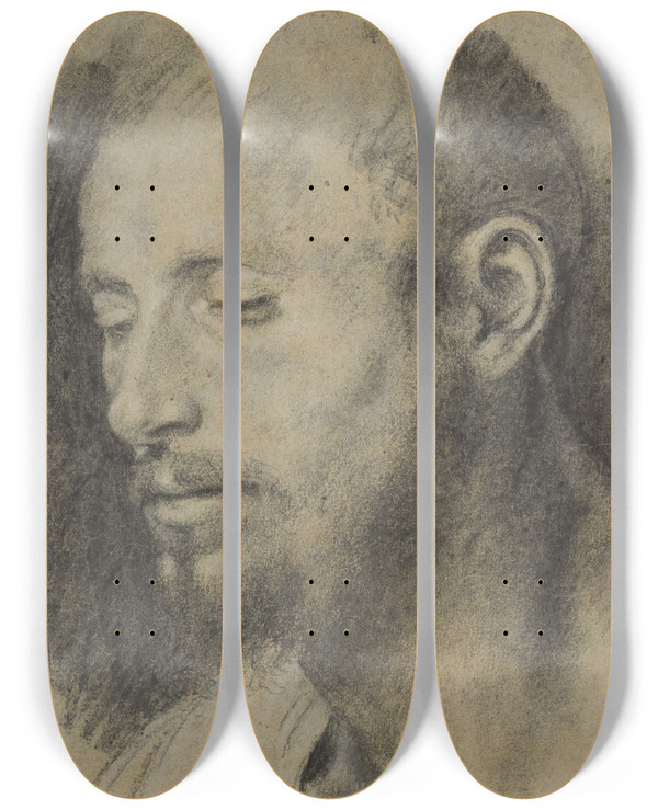 Triptych art skateboard deck of Giovanni Girolamo Savoldo Study Of The Head Of A Bearded Man by Giovanni Girolamo Savoldo (1485-1548)