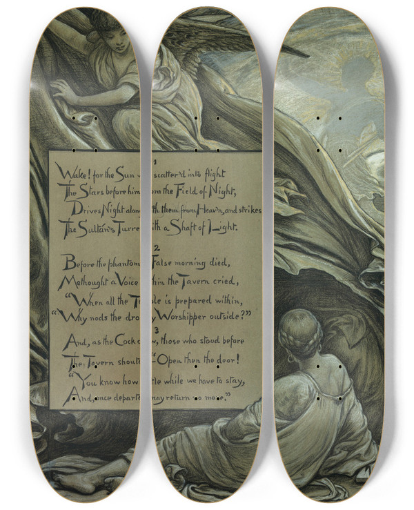 Triptych art skateboard deck of Elihu Vedder The Awakening by Elihu Vedder (1836-1923)