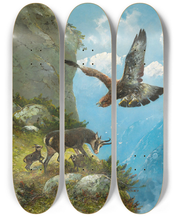 Triptych art skateboard deck of Moritz Mller Ii Chamois And Golden Eagle by Moritz Mller II (19-)