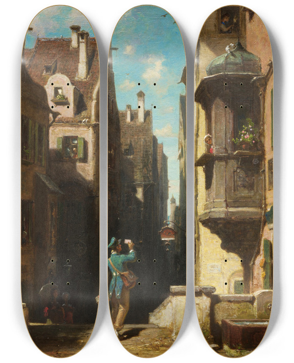 Triptych art skateboard deck of Carl Spitzweg Der Postbote by Carl Spitzweg (1808-1880)