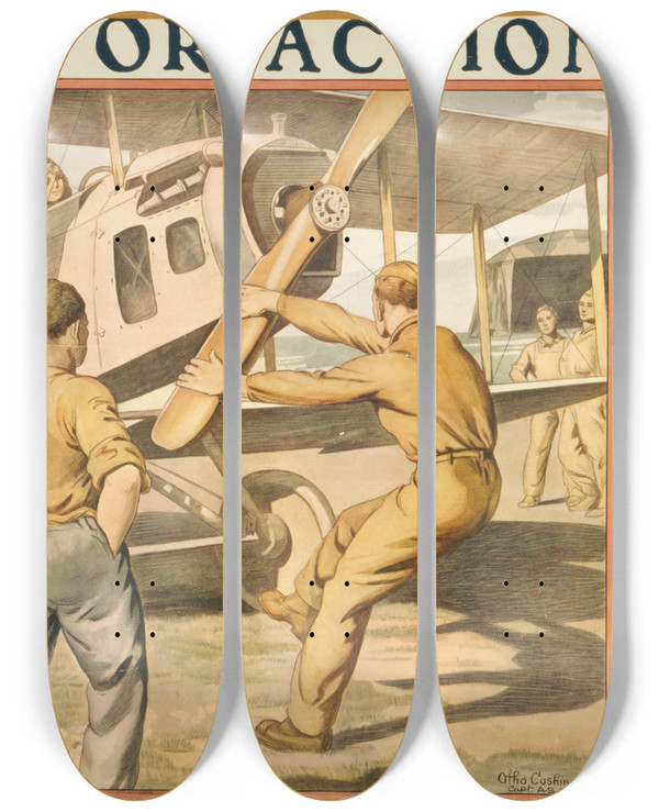Triptych art skateboard deck of Otho Cushing For Action Enlist In The Air Service by Otho Cushing (1870-1942)