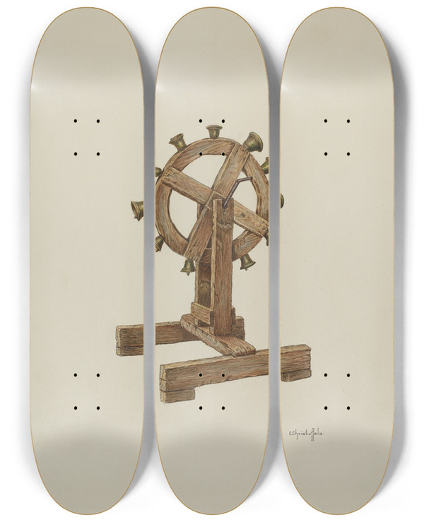 Triptych art skateboard deck of Cornelius Christoffels Altar Chimes On Wheel by Cornelius Christoffels (1879-1960)