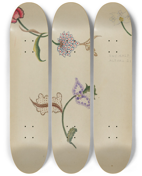 Triptych art skateboard deck of Fanchon Larzelere Crewel Embroidery_4 by Fanchon Larzelere