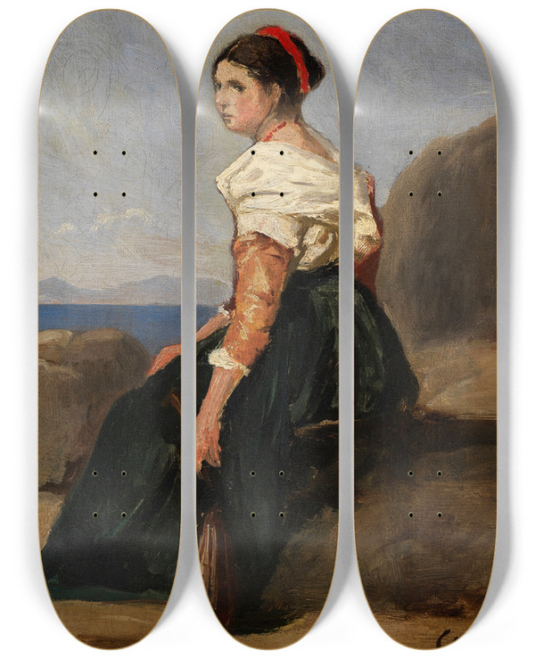Triptych art skateboard deck of Jeanbaptistecamille Corot Femme Assise Tenant Une Mandoline by Jean-Baptiste-Camille Corot (1796-1875)