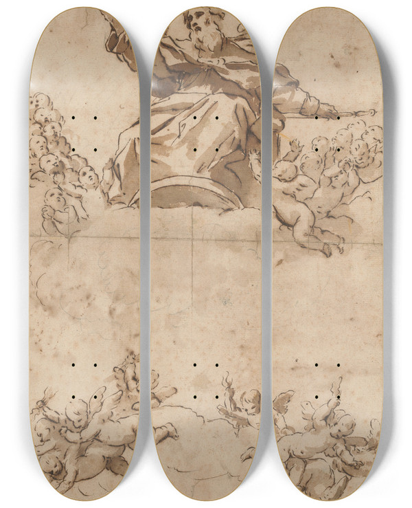 Triptych art skateboard deck of Luca Giordano The Almighty With Angels by Luca Giordano (1634-1705)
