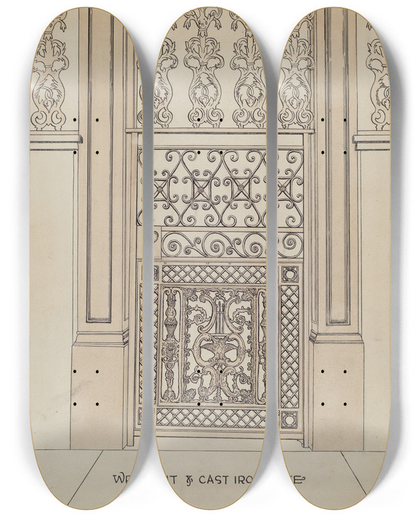 Triptych art skateboard deck of Ray Price Cast Iron Gate by Ray Price (20-)