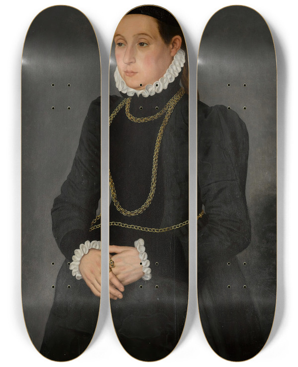 Triptych art skateboard deck of Nicolas Neufchtel Portrait Of A Lady Possibly Margaretha Mertha Wife Of Hendrik Pilgram by Nicolas Neufchatel (1527-1590)