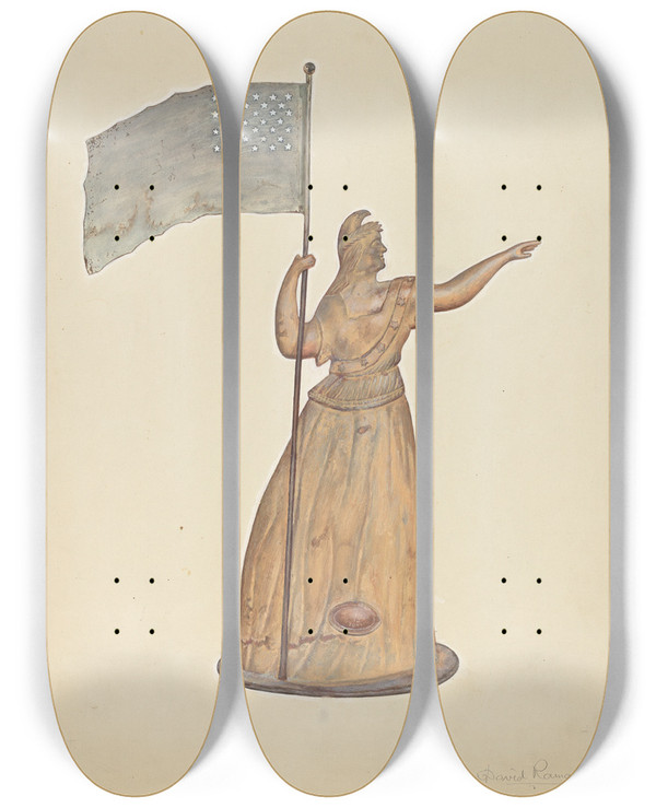 Triptych art skateboard deck of David Ramage Weather Vane Goddess Of Liberty by David Ramage