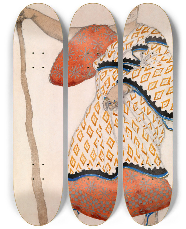 Triptych art skateboard deck of Lon Bakst Costume Design For Theseus In Oedipus At Colonus by Leon Bakst (1866-1924)
