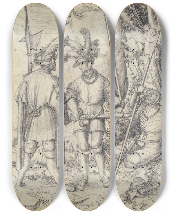 Triptych art skateboard deck of Erhard Altdorfer Fahnentrger Und Zwei Landsknechte by Erhard Altdorfer (1480-1561)
