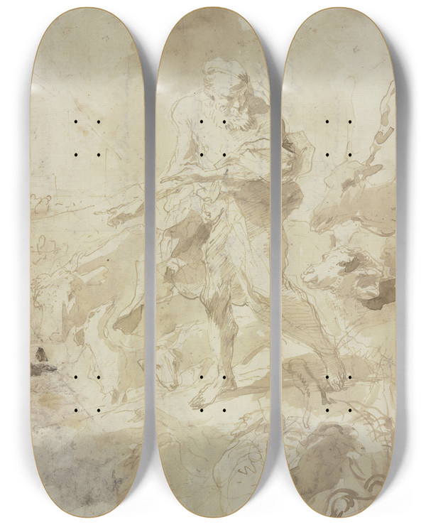 Triptych art skateboard deck of Giovanni Benedetto Castiglione Noah With The Animals by Giovanni Benedetto Castiglione (1609-1664)