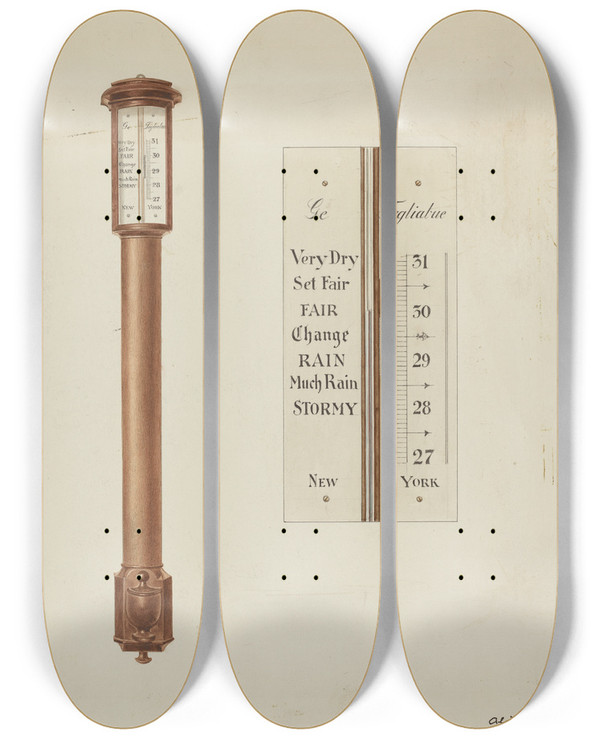 Triptych art skateboard deck of Alois E Ulrich Shaker Barometer by Alois E Ulrich