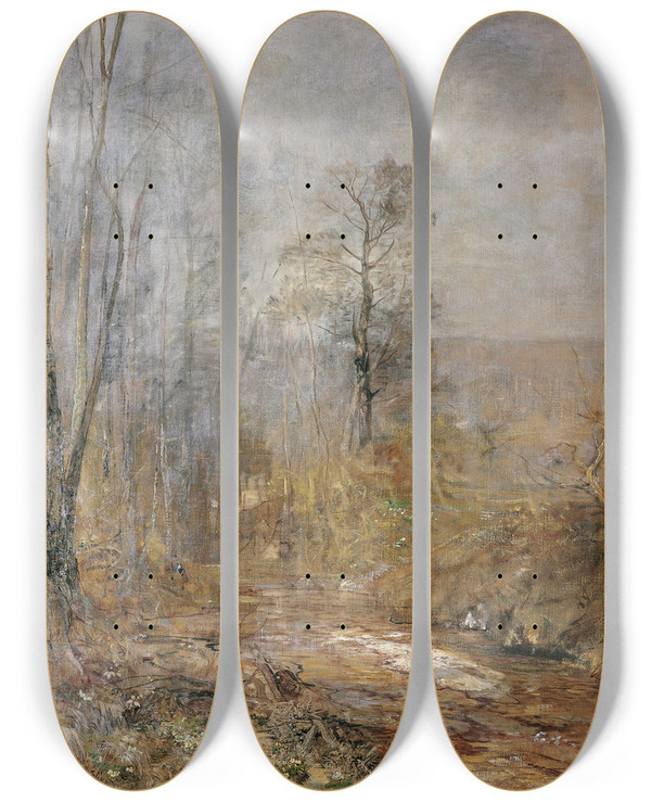 Triptych art skateboard deck of Emil Jakob Schindler Mrzstimmung Vorfrhling Im Wienerwald by Emil Jakob Schindler (1842-1892)