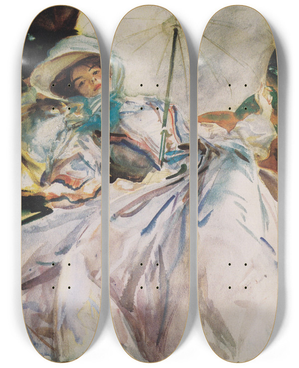 Triptych art skateboard deck of John Singer Sargent Lady With A Parasol by John Singer Sargent (1856-1925)