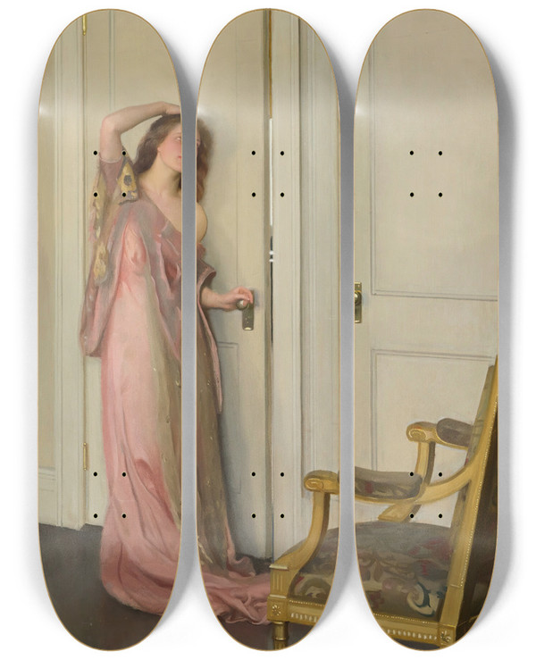 Triptych art skateboard deck of William Mcgregor Paxton The Other Door by William Mcgregor Paxton (1869-1941)