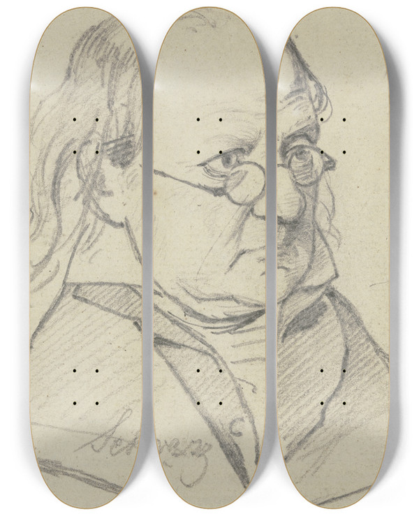 Triptych art skateboard deck of Carl Hoff Portrait Of Schwarz by Carl Hoff (1807-1862)