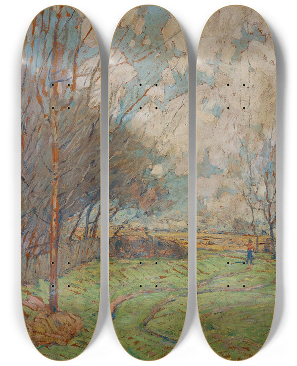 Triptych art skateboard deck of William J Forsyth Landscape Path To The Fields by William J Forsyth (1854-1935)