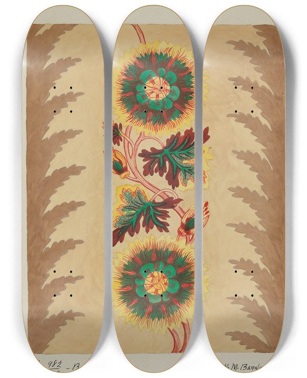 Triptych art skateboard deck of Ruth M Barnes Quilt Section by Ruth M Barnes