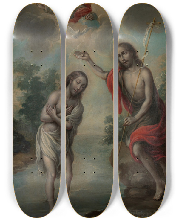 Triptych art skateboard deck of Nicols Enrquez The Baptism Of Christ by Nicolas Enriquez (1704-1795)