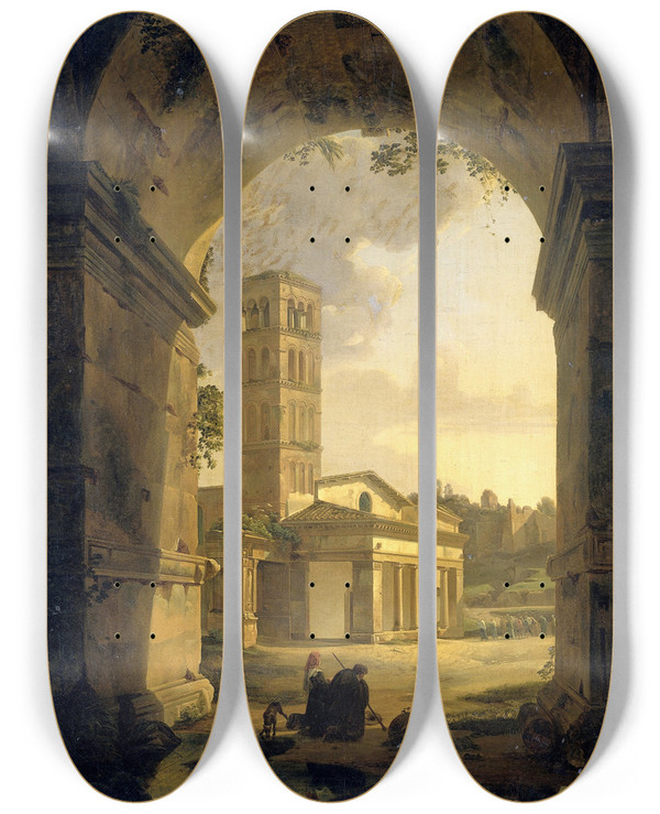 Triptych art skateboard deck of Antonie Sminck Pitloo San Giorgio In Velabro In Rome by Antonie Sminck Pitloo (1790-1837)