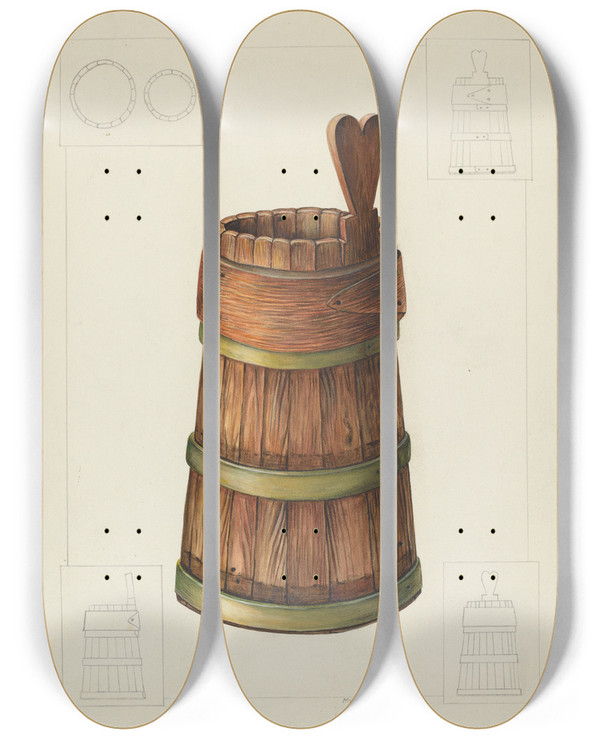 Triptych art skateboard deck of Gene Luedke Wooden Noggin by Gene Luedke