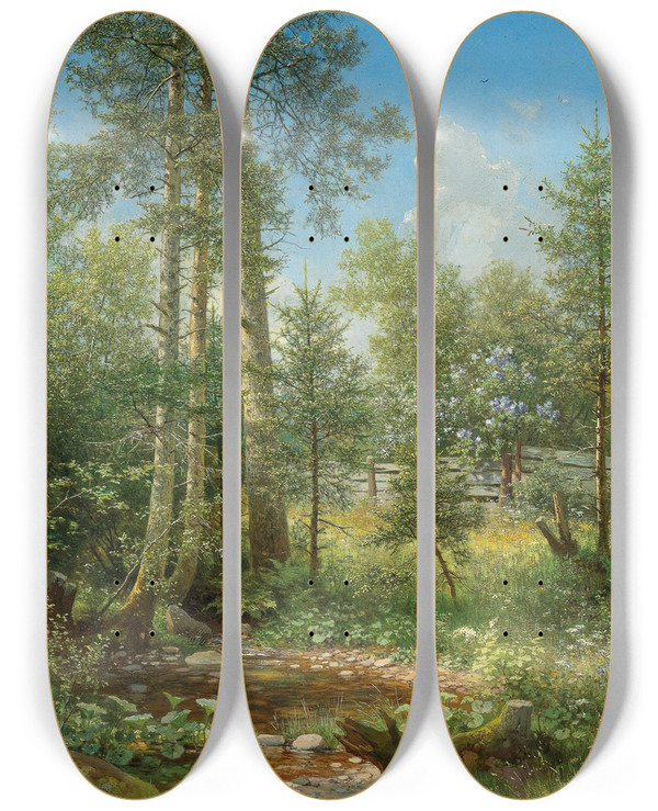 Triptych art skateboard deck of Eduard Leonhardi Am Bchlein In Der Maienzeit by Eduard Leonhardi (1828-1905)