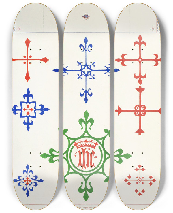 Triptych art skateboard deck of Augustus Pugin Crosses For Marking Altar Linen by Augustus Pugin (1812-1852)