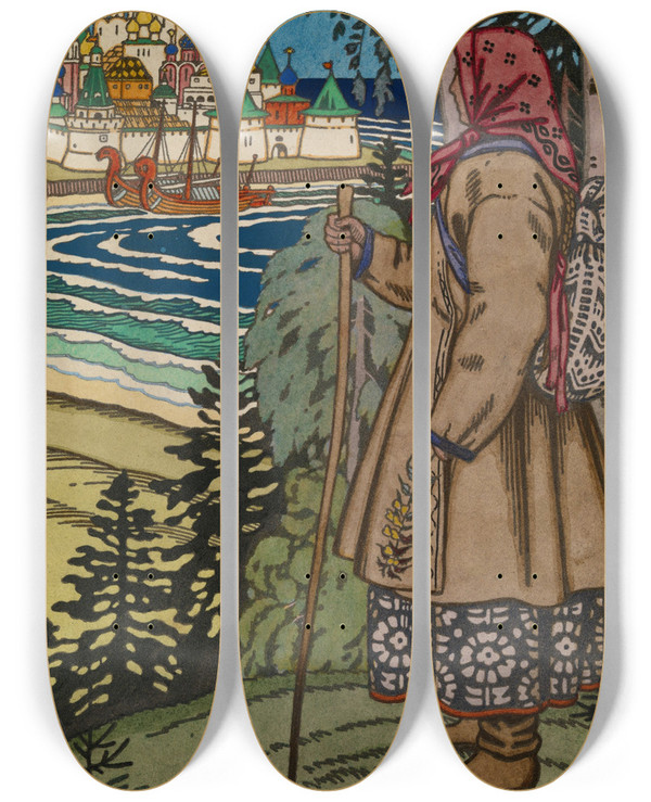 Triptych art skateboard deck of Ivan Bilibin Peasant Girl by Ivan Bilibin (1876-1942)