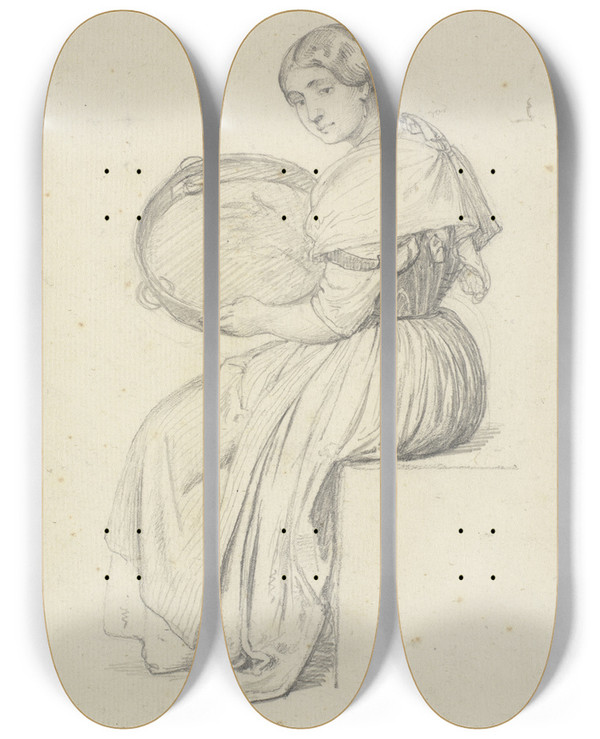 Triptych art skateboard deck of Wilhelm Marstrand Siddende Kvinde Med Tamburin by Wilhelm Marstrand (1810-1873)