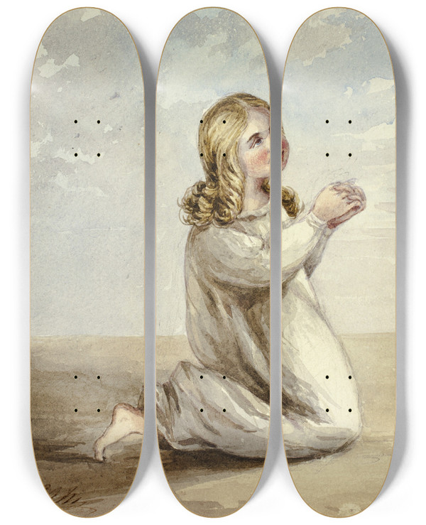 Triptych art skateboard deck of Elizabeth Murray Child Praying by Elizabeth Murray (1815-1882)