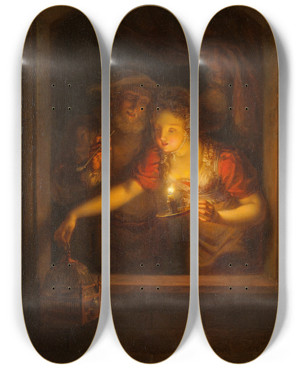 Triptych art skateboard deck of Alexander Laurus A Woman With A Burning Candle by Alexander Laureus (1783-1823)