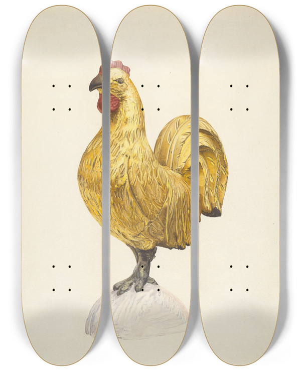 Triptych art skateboard deck of Karl J Hentz Gilded Wooden Rooster by Karl J Hentz