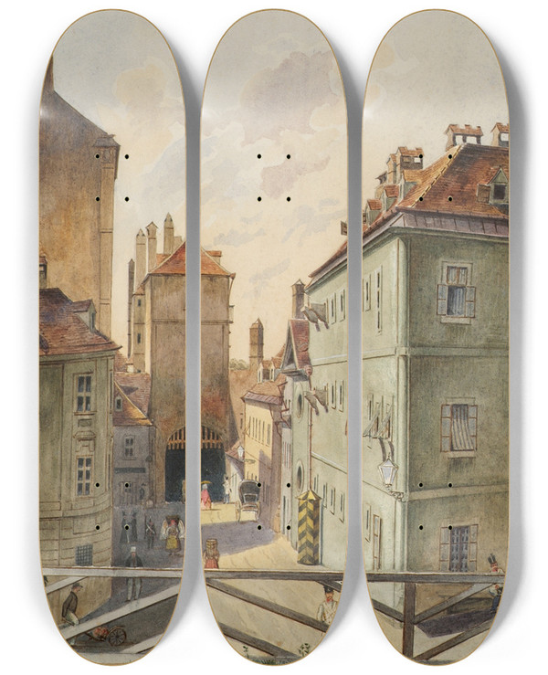 Triptych art skateboard deck of Heinrich Lang Das Neutor Mit Dem Stockhaus In Wien by Heinrich Lang (1838-1891)