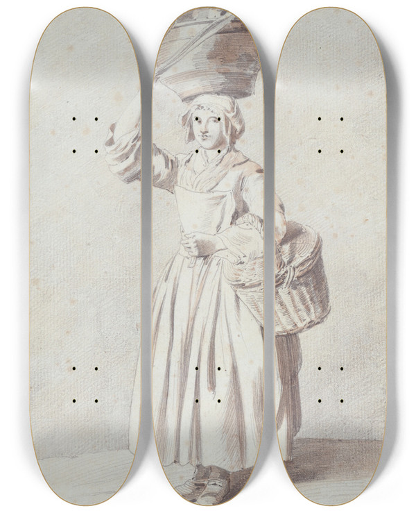 Triptych art skateboard deck of Edm Bouchardon Une Jeune Laitire by Edme Bouchardon (1698-1762)