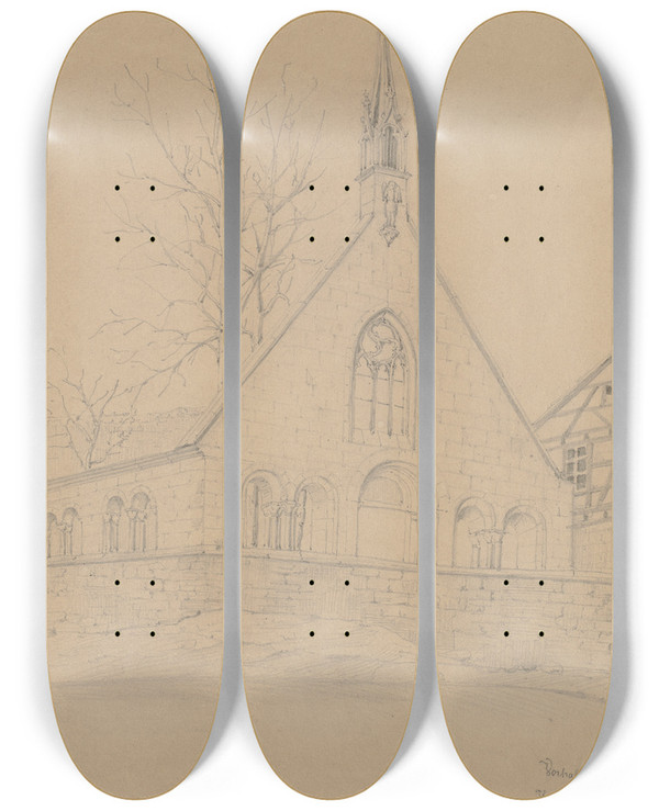 Triptych art skateboard deck of Friedrich Wilhelm Ludwig Vorhalle Des Klosters Herrenalb Im Albtal by Friedrich Wilhelm Ludwig (1828)