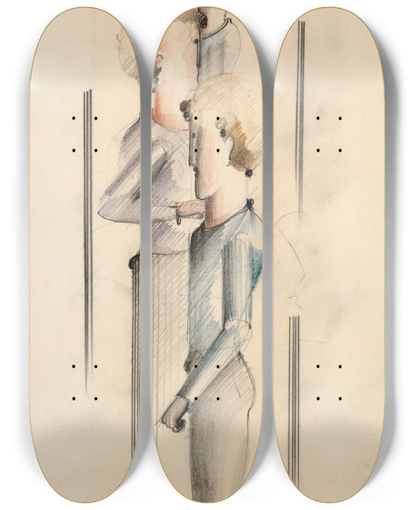 Triptych art skateboard deck of Oskar Schlemmer Three Figures by Oskar Schlemmer (1888-1943)