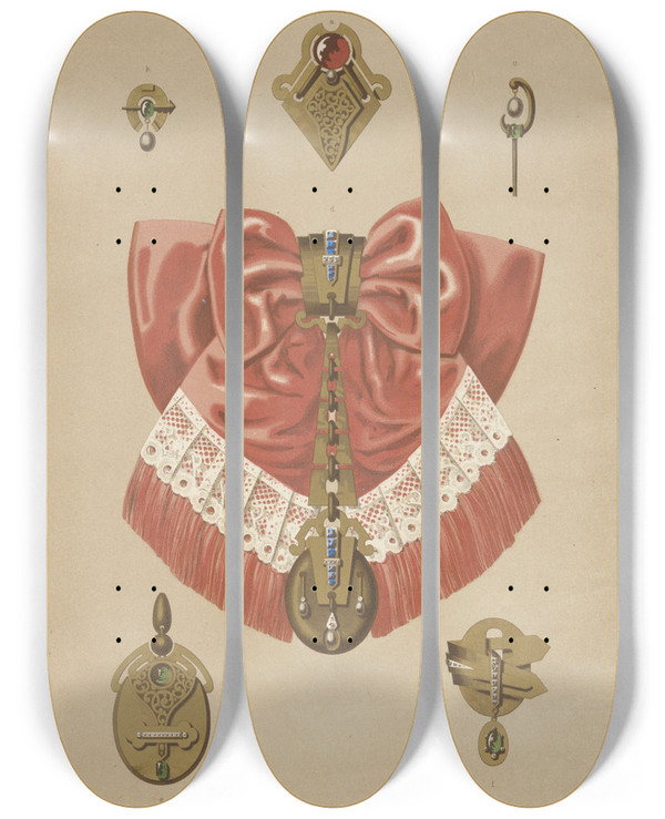 Triptych art skateboard deck of Martin Gerlach Six Designs For Jewelry Including Gold Brooch And Pendant With Pink And Lace Bow by Martin Gerlach (1846-1918)