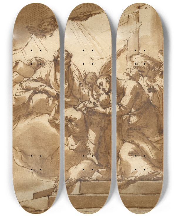 Triptych art skateboard deck of Ubaldo Gandolfi Vision Of Saint Gaetano Thiene by Ubaldo Gandolfi (1728-1781)