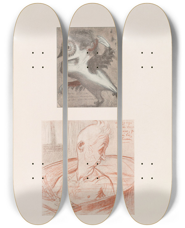 Triptych art skateboard deck of Pierre Puvis De Chavannes Les Caricatures De Puvis De Chavannes Pl40 by Pierre Puvis De Chavannes (1824-1898)