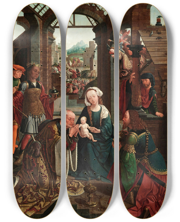 Triptych art skateboard deck of Jacob Cornelisz Van Oostsanen The Adoration Of The Kings by Jacob Cornelisz Van Oostsanen (1470-1533)