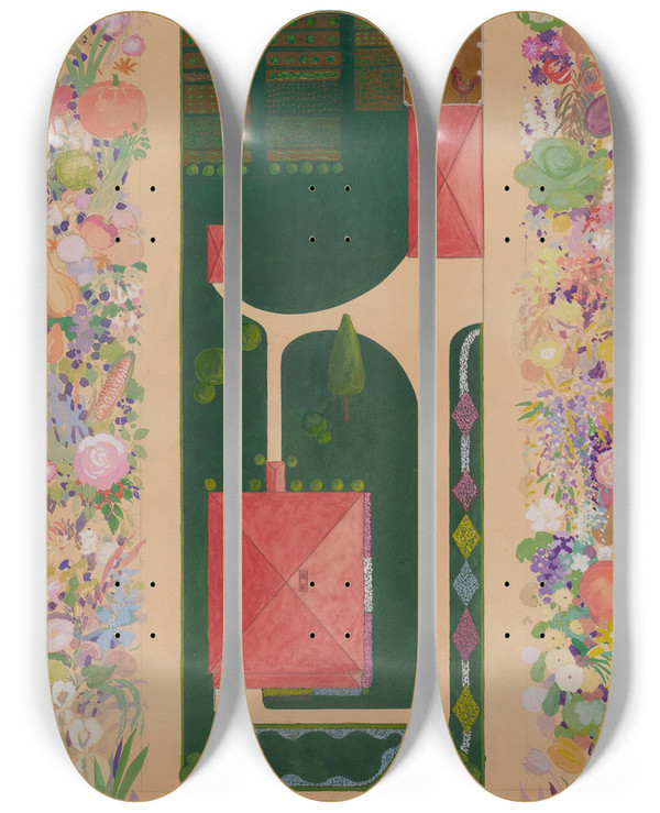 Triptych art skateboard deck of Meyer Goldbaum Samuel Harrison House And Garden by Meyer Goldbaum