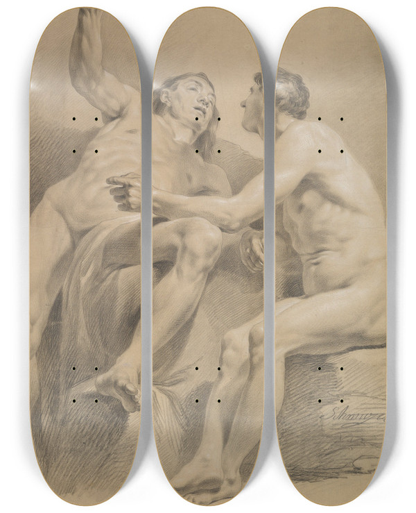 Triptych art skateboard deck of Jakob Matthias Schmutzer Two Male Nudes One Seated And One Semireclining by Jakob Matthias Schmutzer (1733-1811)