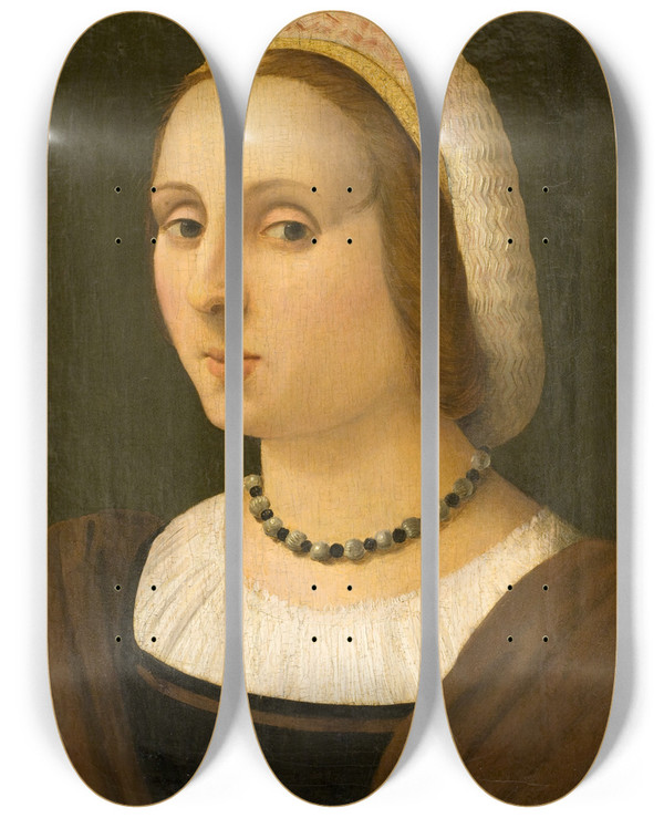 Triptych art skateboard deck of Vincenzo Tamagni Portrait Of A Lady by Vincenzo Tamagni (1492-1530)