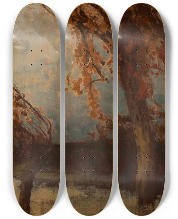 Triptych art skateboard deck of Wadysaw Wankie Autumn Trees by Wadysaw Wankie (1860-1925)