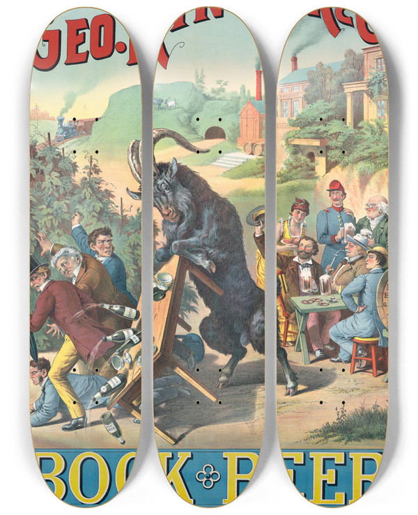 Triptych art skateboard deck of Henry Jerome Schile Geo Ringler Co Bock Beer by Henry Jerome Schile (1829-1901)