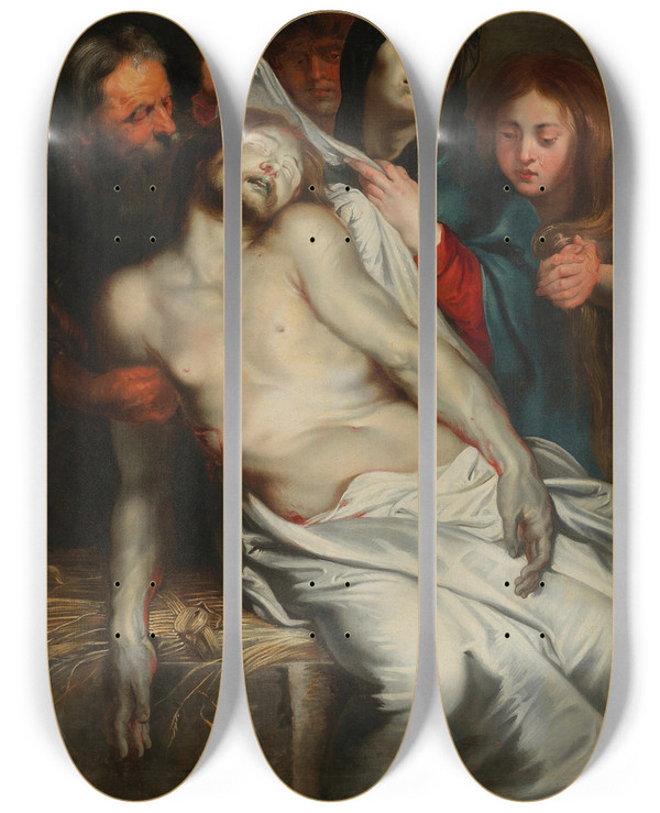 Triptych art skateboard deck of Follower Of Peter Paul Rubens The Lamentation Of Christ by Follower Of Peter Paul Rubens (1577-1640)
